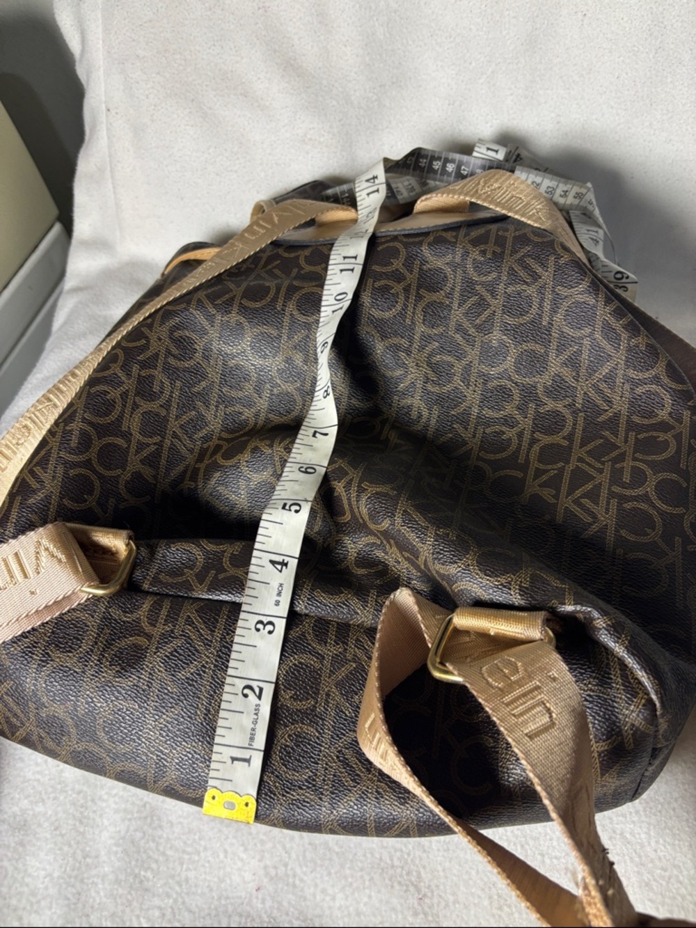 Calvin Klein Brown Monogram Backpack with Tan Trim missing Klein logo - Picture 5 of 12